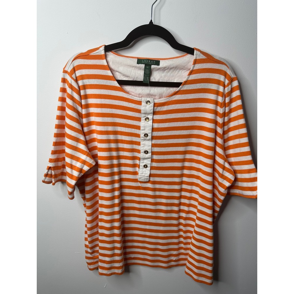 Lauren Ralph Lauren Orange White Striped Henley Knit Top Womens 3X Short Sleeve
